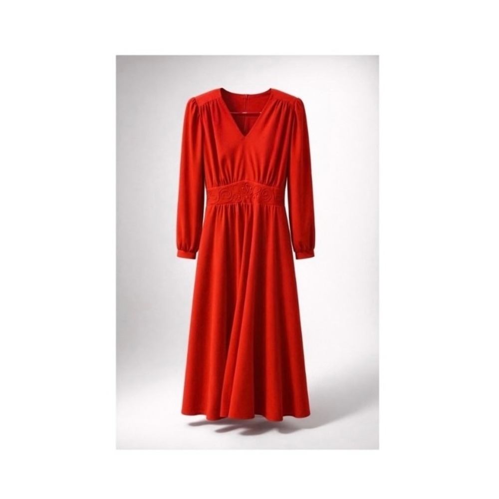 Seret Vintage Red Embroidered Midi Dress Retro Chic Boho Minimalist V-Neck 11/12